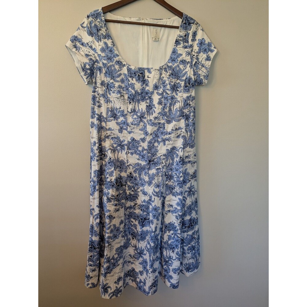 Joie Women's Tropical Midi Dress Stretch Cotton Blue White Square Neck Size 10